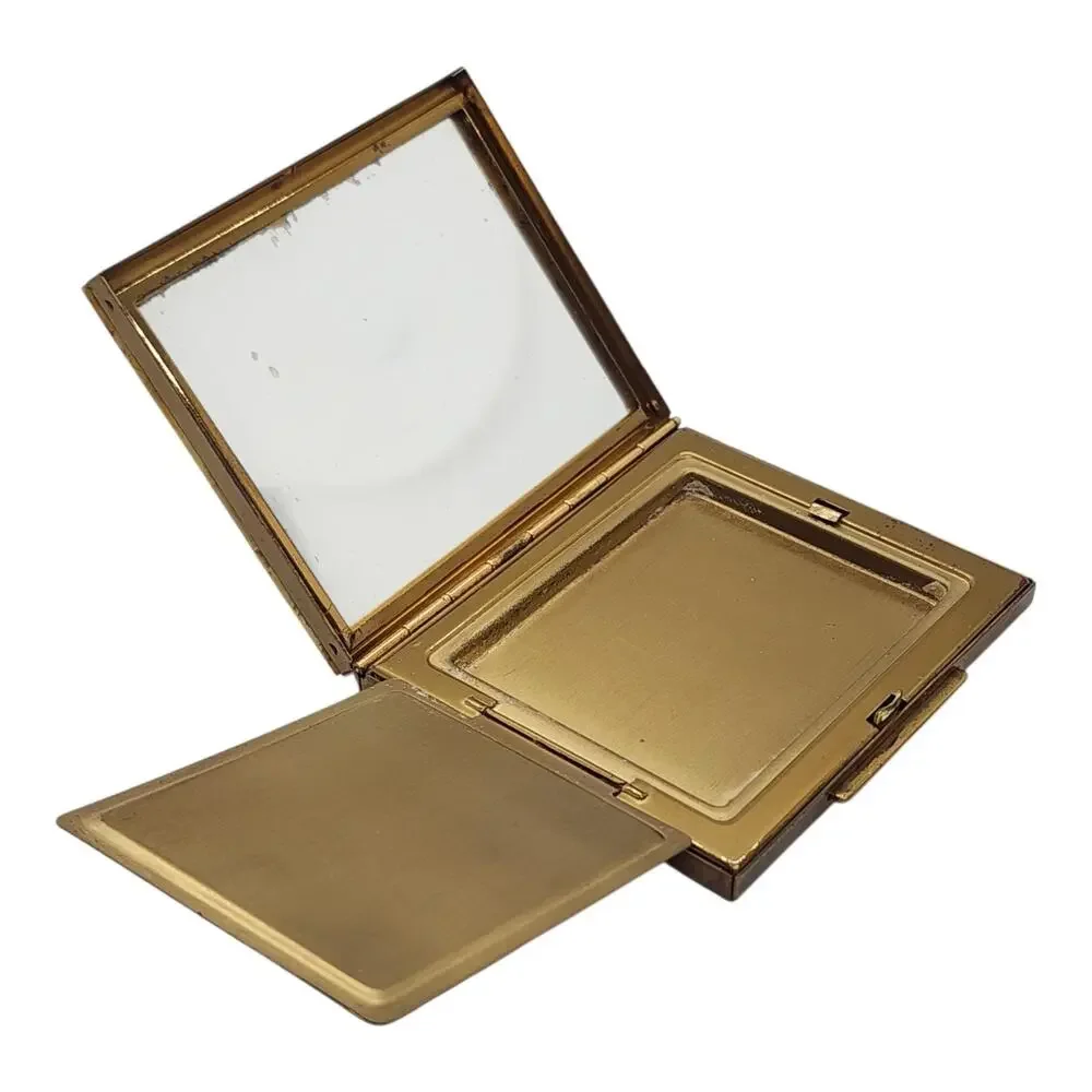 Vintage Mother of Pearl Inlay Powder Compact Basket Weave Gold Tone Mirror